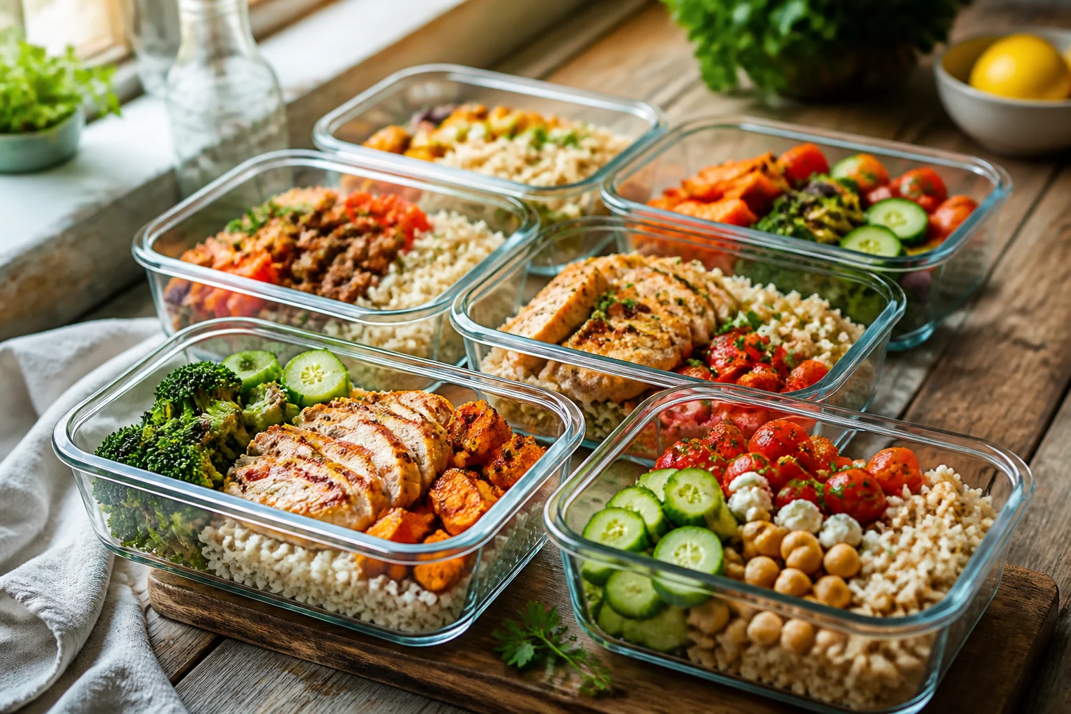 Boîtes repas de batch cooking préparées et alignées avec des légumes frais pour le meal prep de la semaine