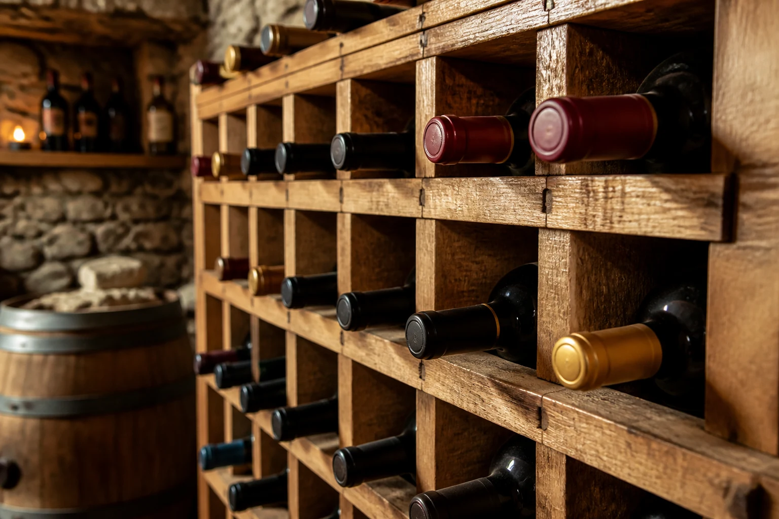 Casier en bois rempli de bouteilles de vin dans une cave, idéal pour débuter sa cave à vin