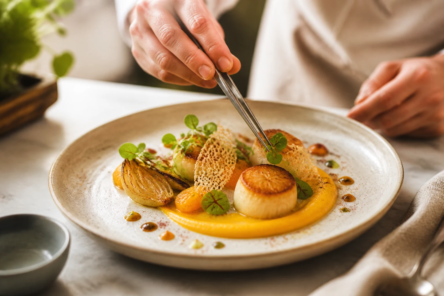 Assiette gastronomique joliment dressée par des mains de chef à l'aide d'une pince de cuisine
