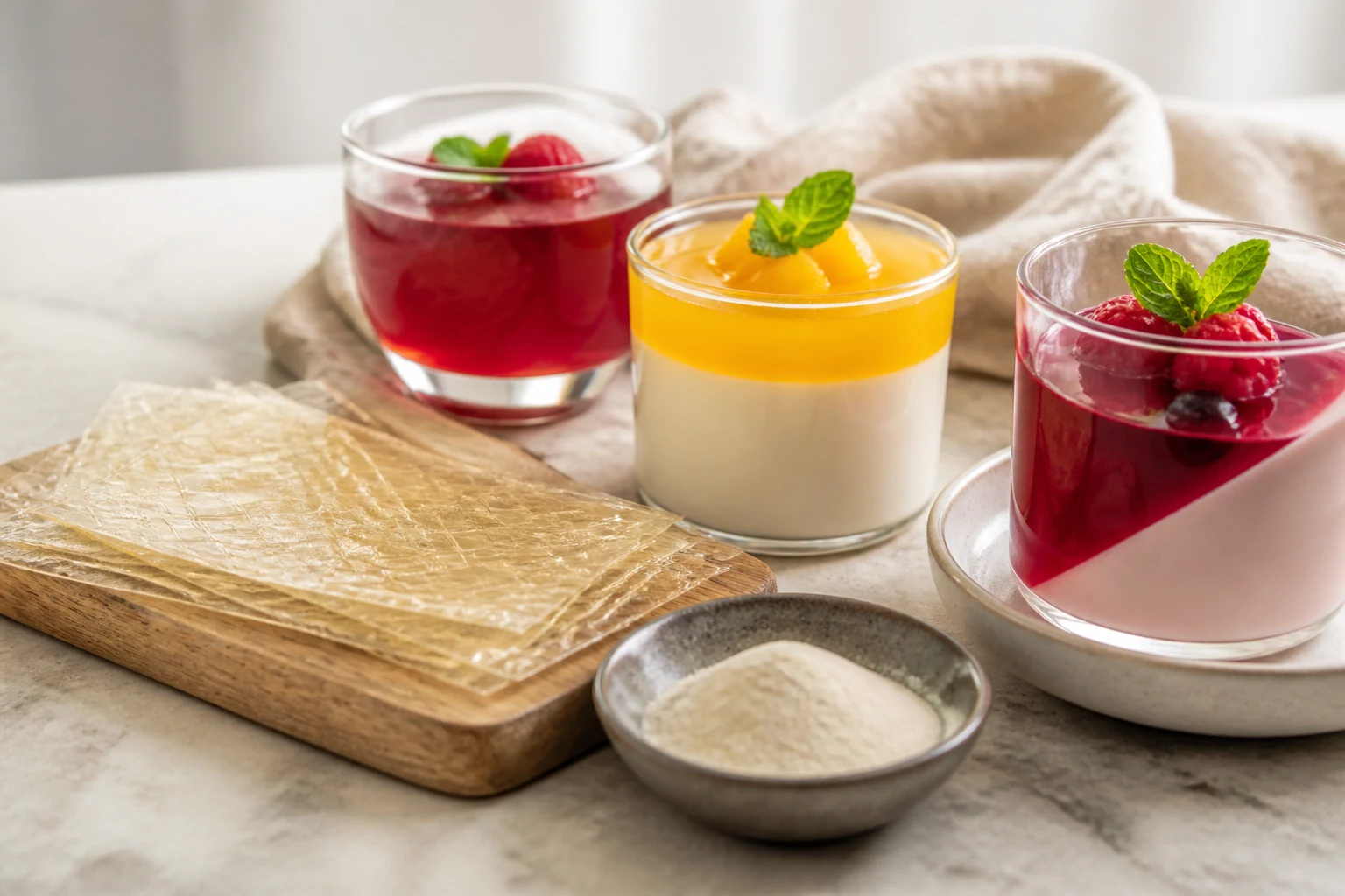 Feuilles de gélatine et poudre d'agar-agar près de desserts pris en verrines