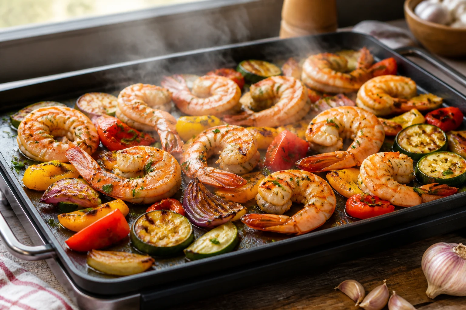 Plancha en pleine cuisson avec légumes et gambas grillés, cuisson à la plancha réussie