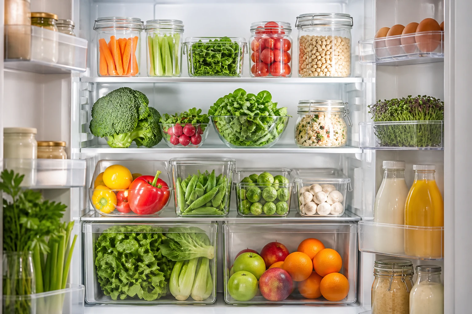 Intérieur d'un réfrigérateur bien organisé et rangé avec des aliments frais par zones