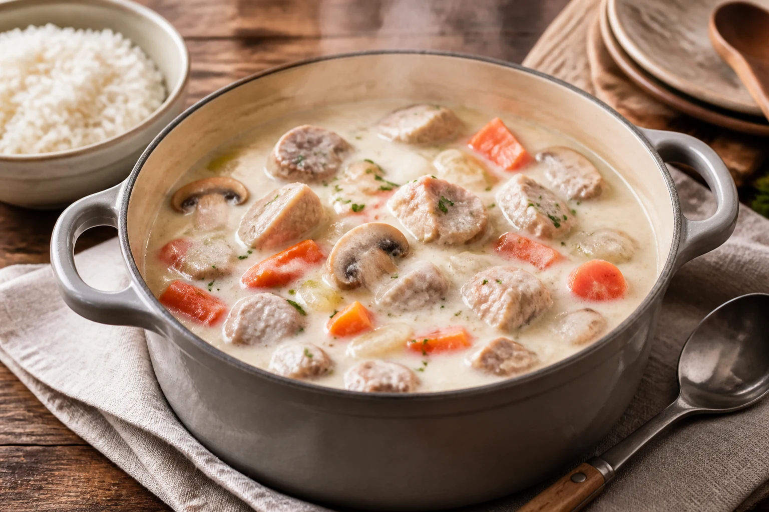 Blanquette de veau crémeuse en cocotte avec carottes, champignons et riz