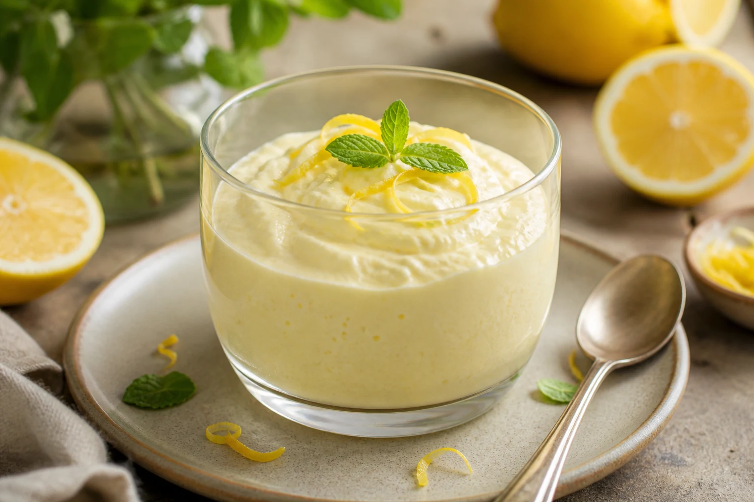 Mousse au citron aérienne servie en verrine avec zeste de citron et feuille de menthe