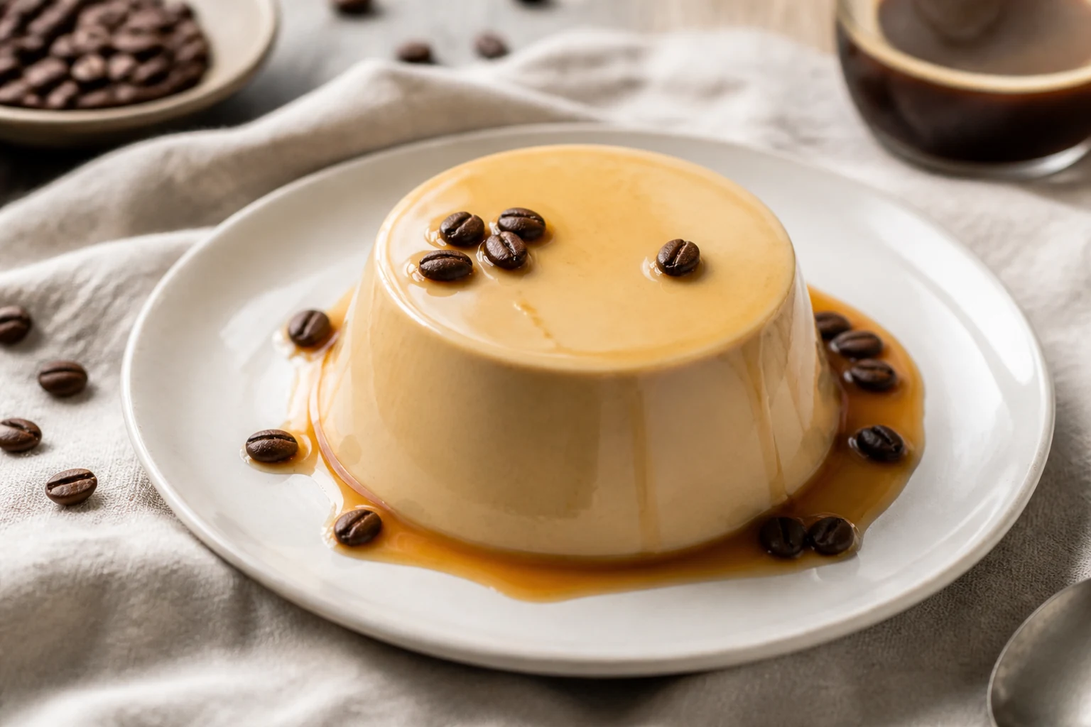 Panna cotta au café démoulée sur une assiette avec grains de café et coulis