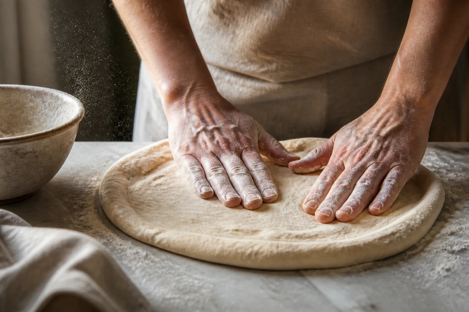 Pâte à pizza maison étalée à la main sur un plan de travail fariné
