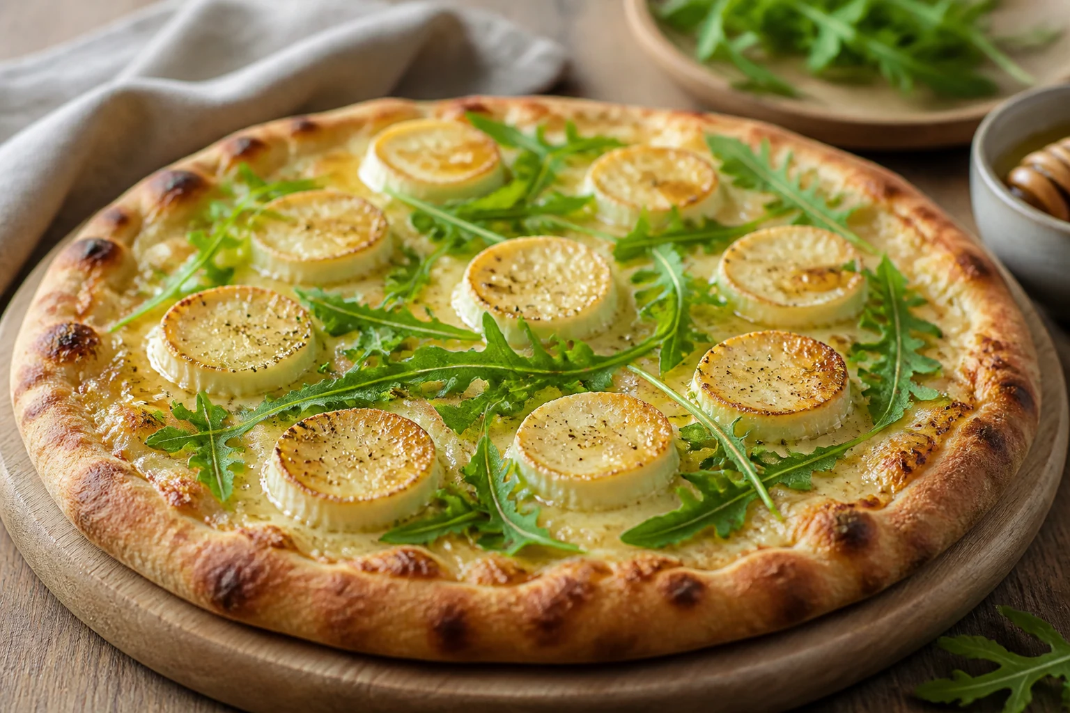 Pizza chèvre-miel avec rondelles de bûche de chèvre, filet de miel doré et roquette