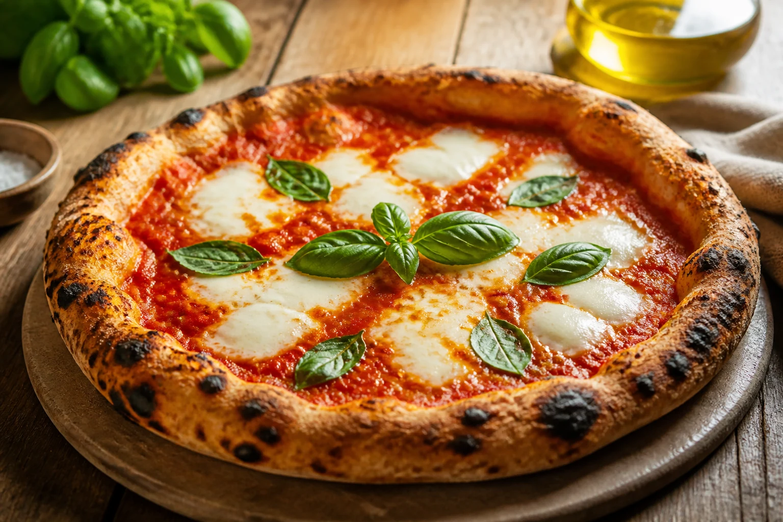 Pizza margherita entière sortie du four avec mozzarella fondante, tomate et basilic frais