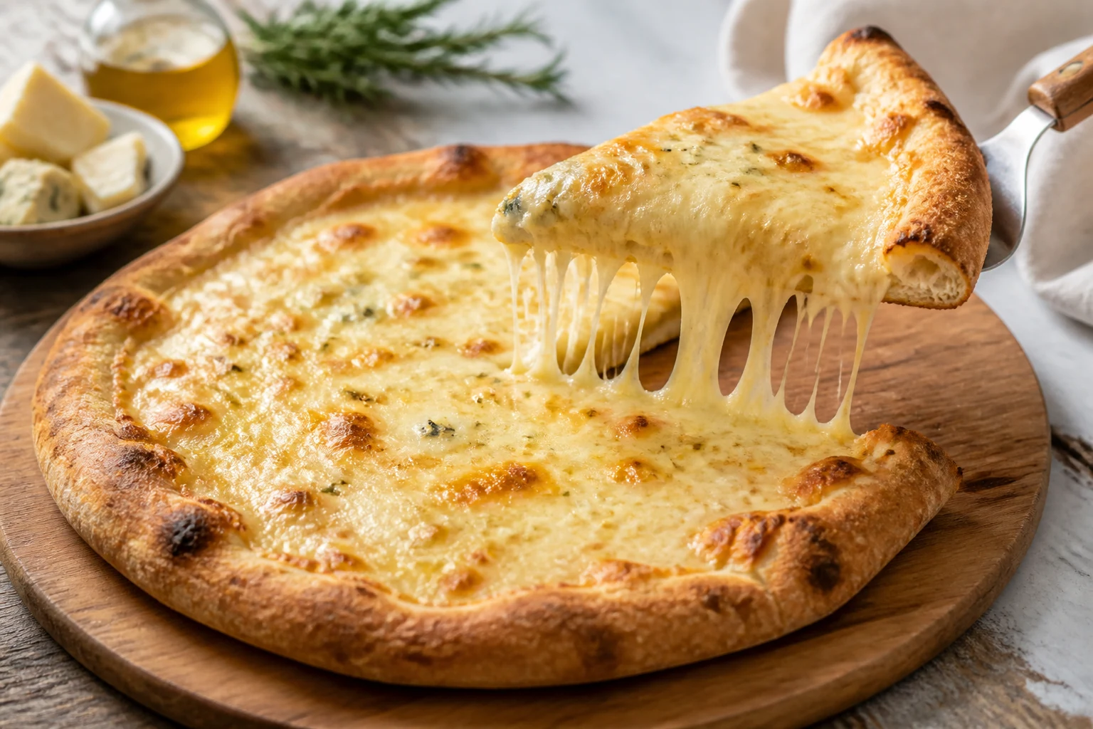 Pizza quatre fromages au fromage fondu et filant avec une part soulevée