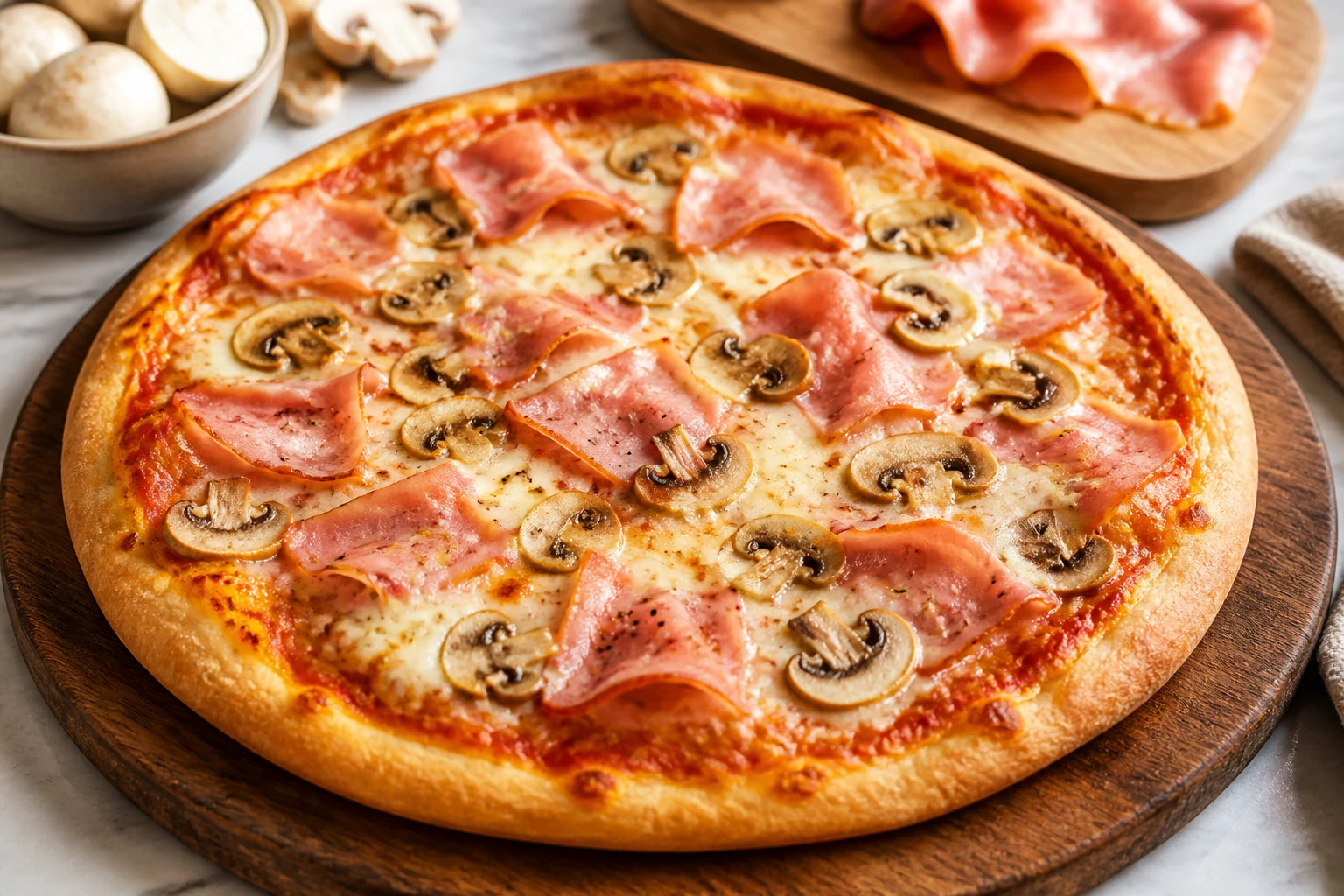 Pizza reine garnie de jambon, champignons émincés et mozzarella fondante sortie du four