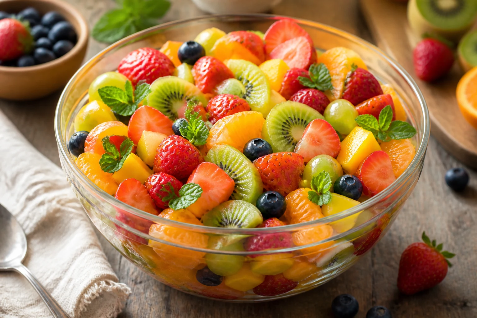 Salade de fruits frais colorée en coupe avec feuilles de menthe