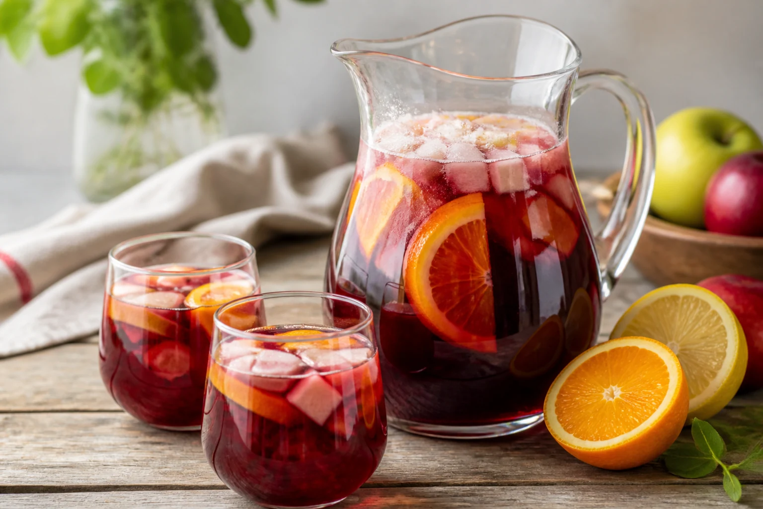 Pichet de sangria rouge avec morceaux de fruits frais et verres servis