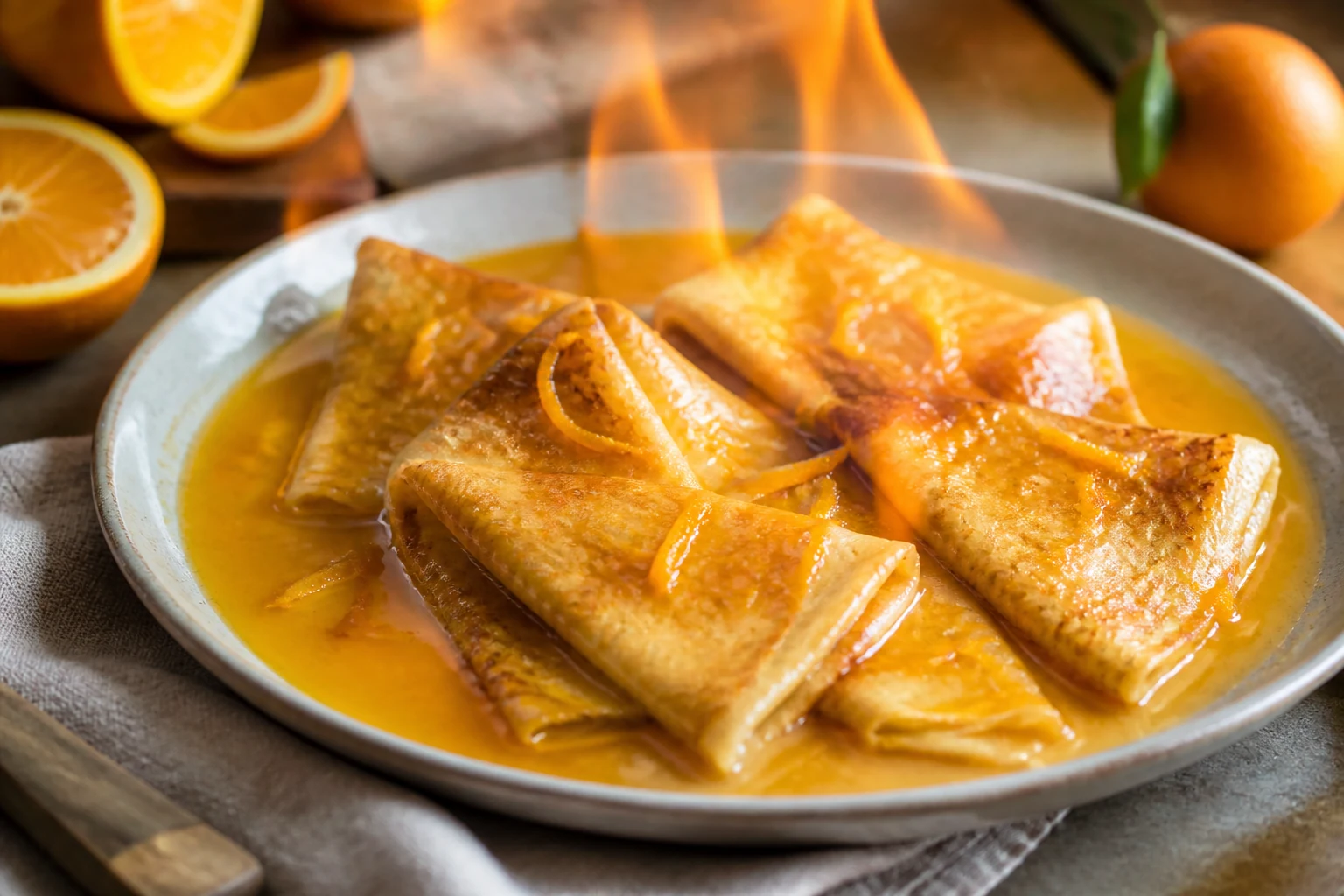Crêpes Suzette pliées nappées de sauce à l'orange en plein flambage