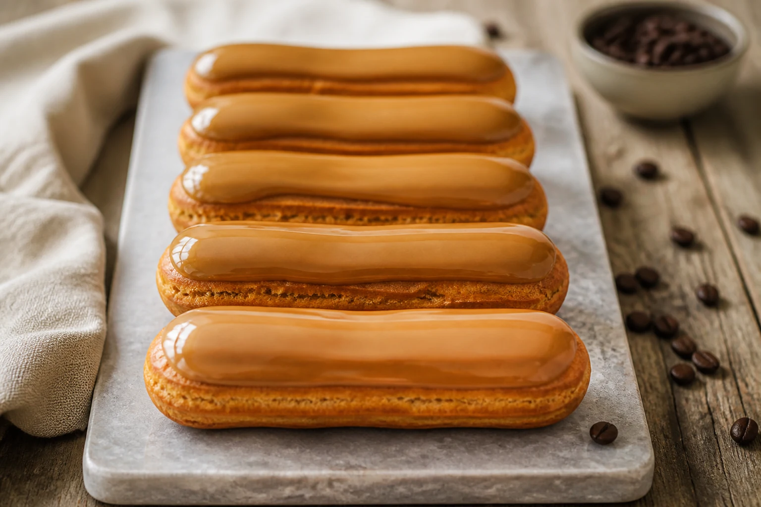 Éclairs au café alignés avec un glaçage café brillant
