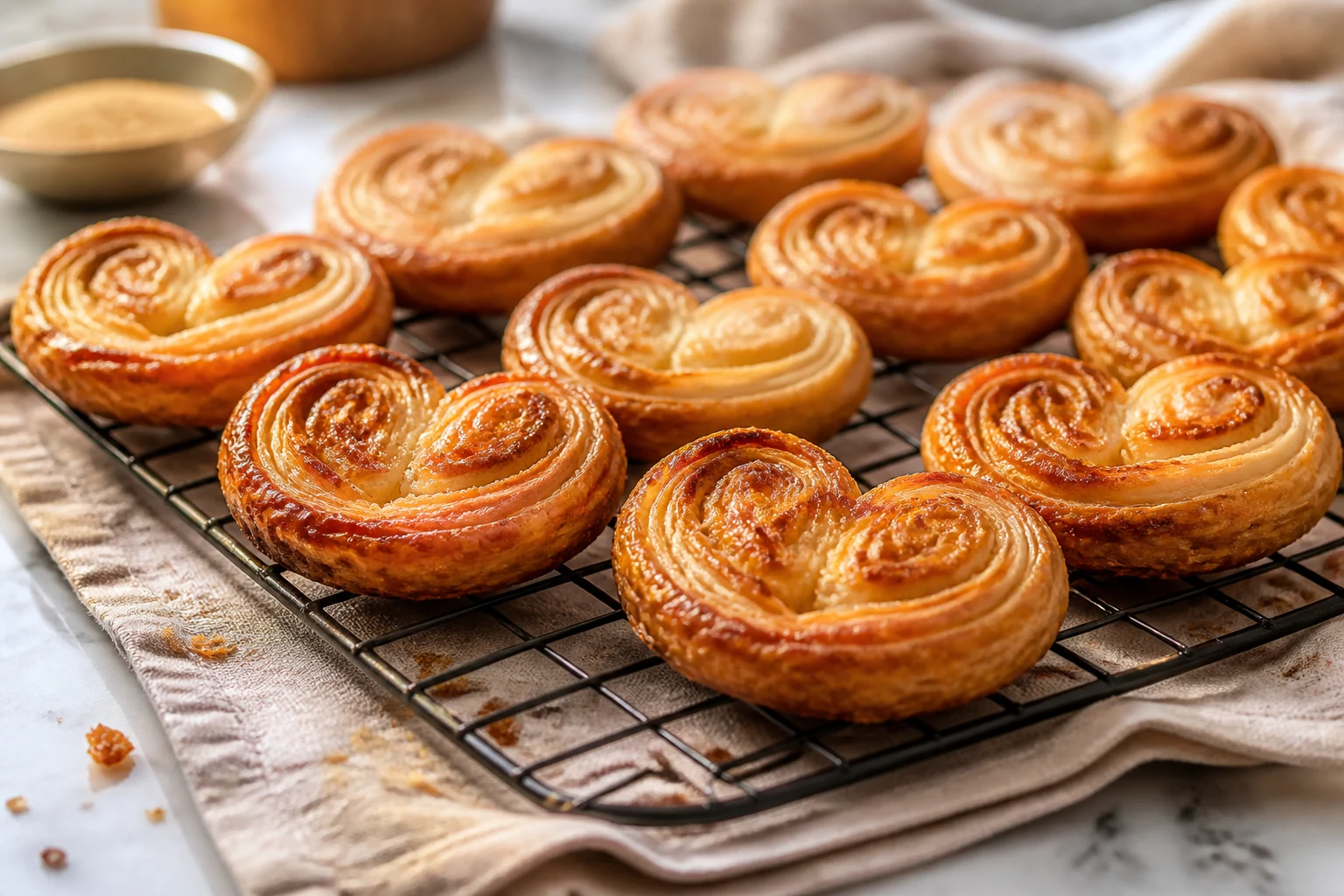 Palmiers feuilletés dorés et caramélisés sur une grille de refroidissement