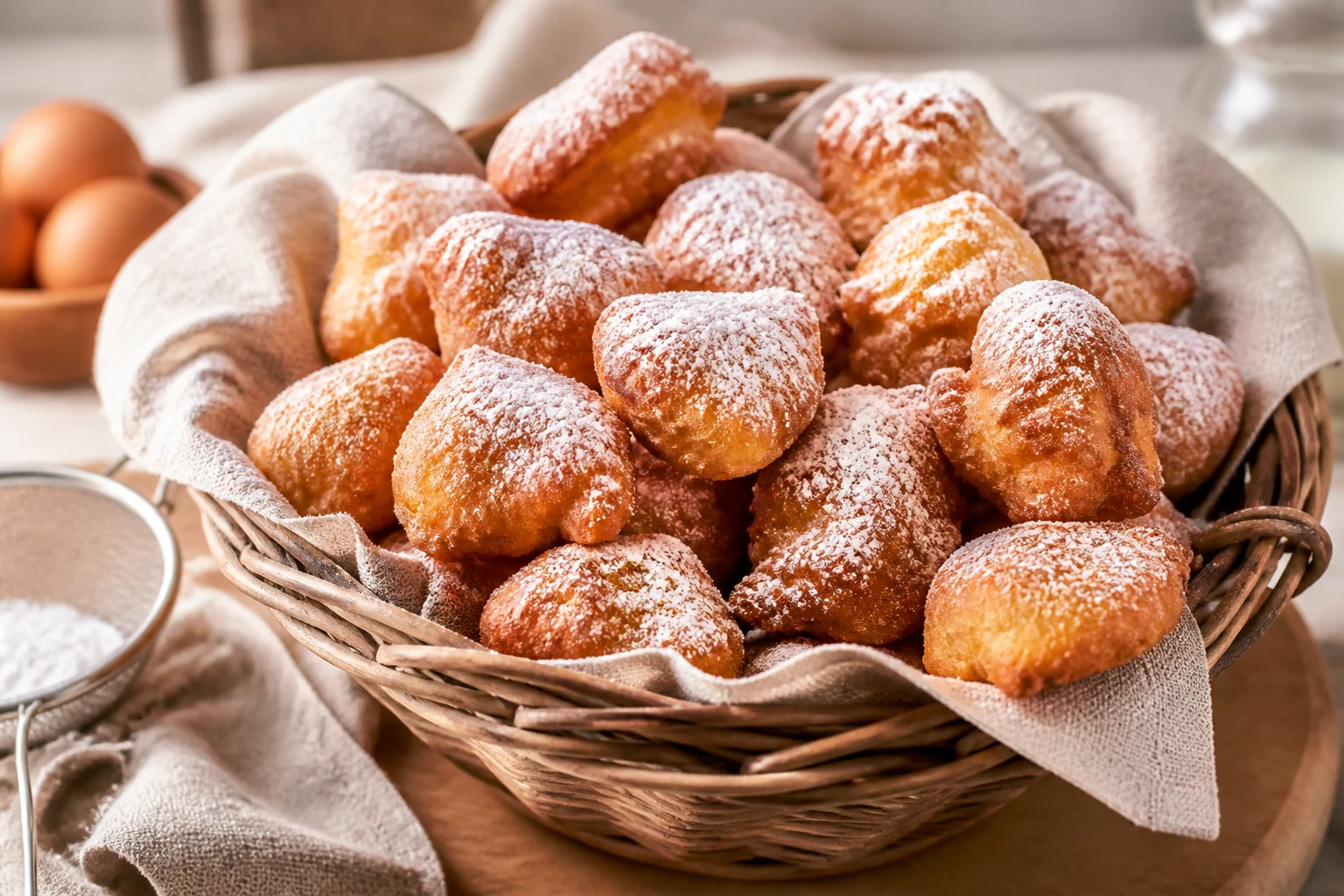 Pets-de-nonne, petits beignets soufflés dorés saupoudrés de sucre glace