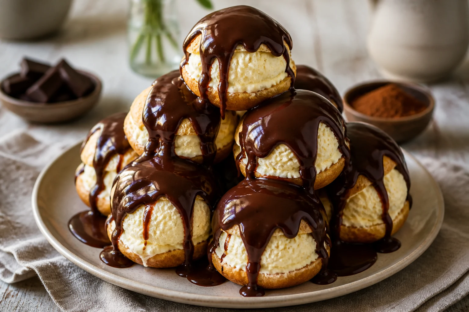 Profiteroles au chocolat nappées de sauce chaude avec glace à la vanille
