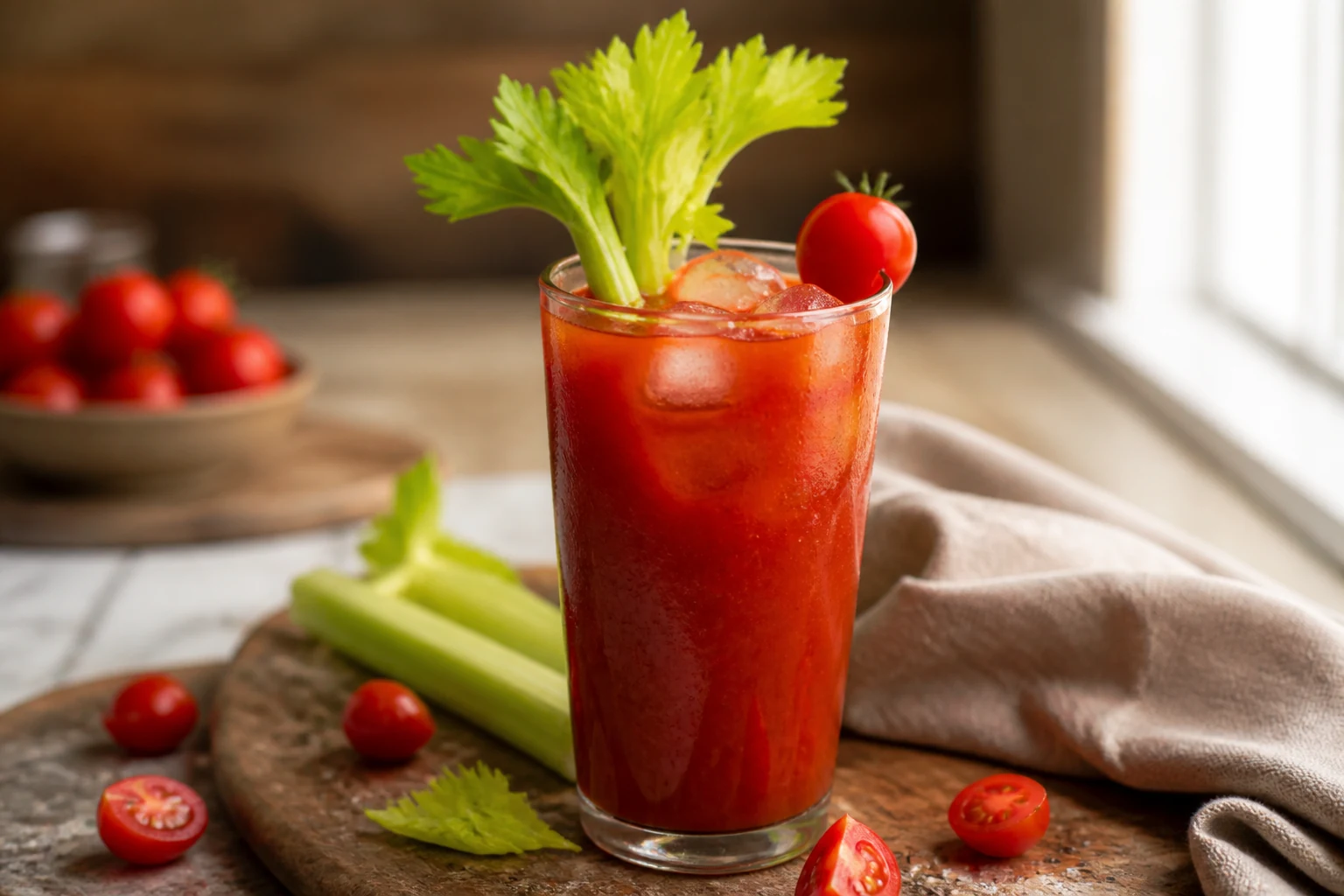 Bloody Mary rouge et épicé avec branche de céleri et tomate cerise