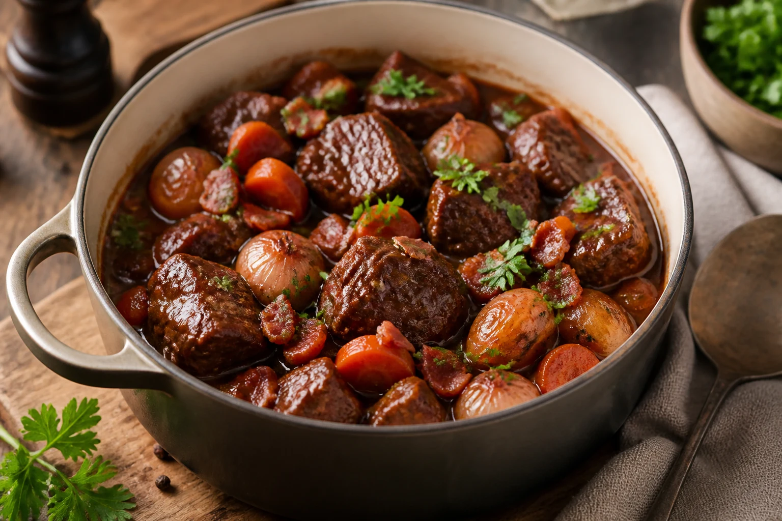 Bœuf bourguignon mijoté avec sauce au vin rouge, lardons, carottes et persil