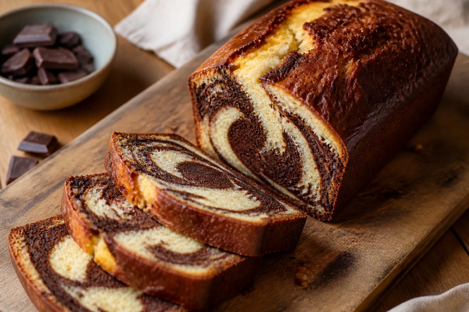 Cake marbré tranché révélant le motif marbré chocolat et vanille