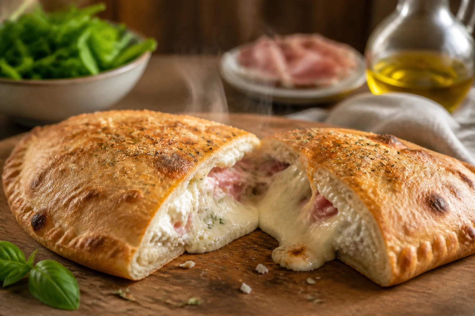 Calzone farci doré ouvert laissant voir la garniture ricotta-jambon fumante