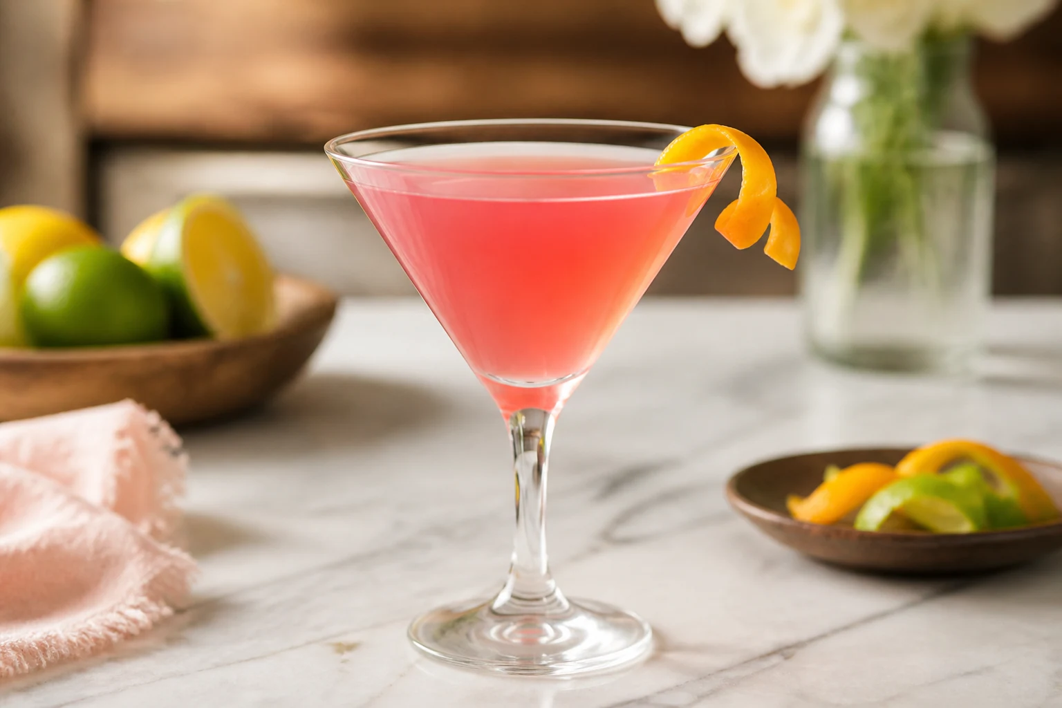 Cocktail cosmopolitan rose dans un verre à martini avec un zeste en décoration