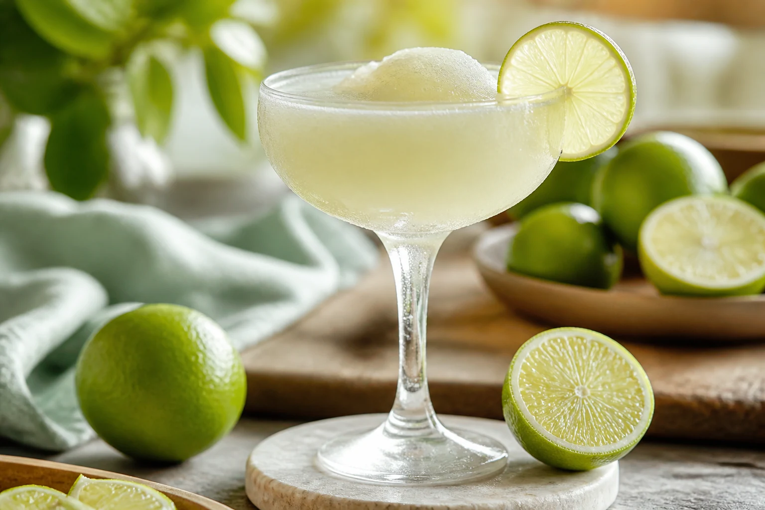 Daiquiri glacé servi dans une coupe givrée avec une rondelle de citron vert