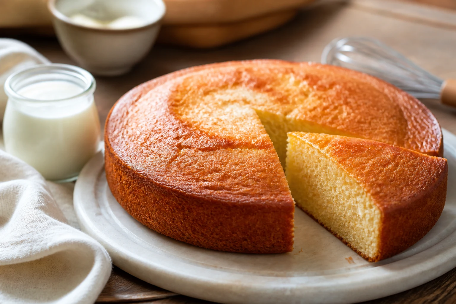 Gâteau au yaourt doré et tranché montrant une mie moelleuse à côté d'un pot de yaourt en verre
