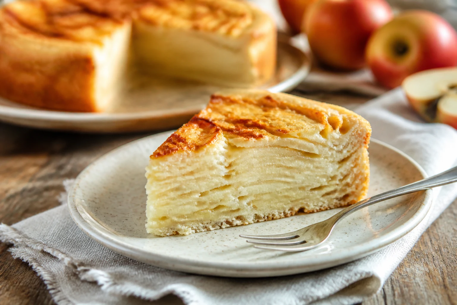 Part de gâteau invisible aux pommes avec fines lamelles de pommes superposées