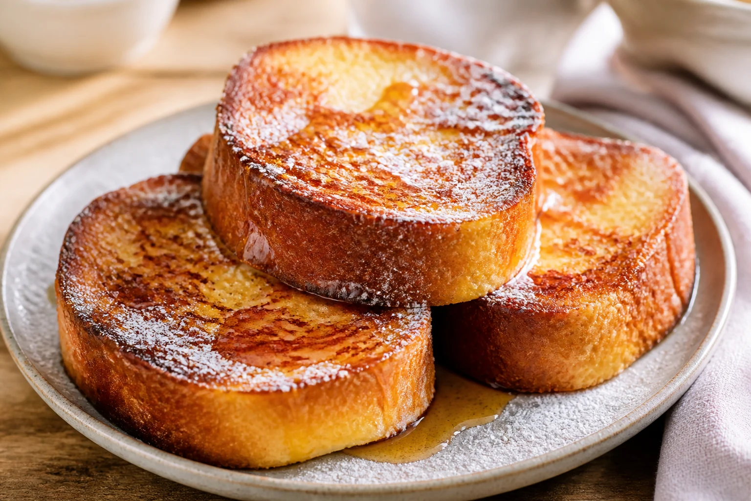 Pain perdu brioché doré à la poêle avec sucre glace et filet de sirop d'érable