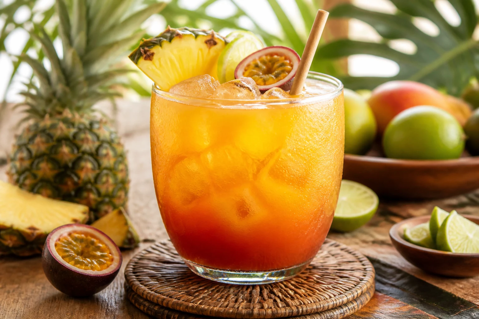 Punch planteur antillais aux fruits exotiques servi avec une paille