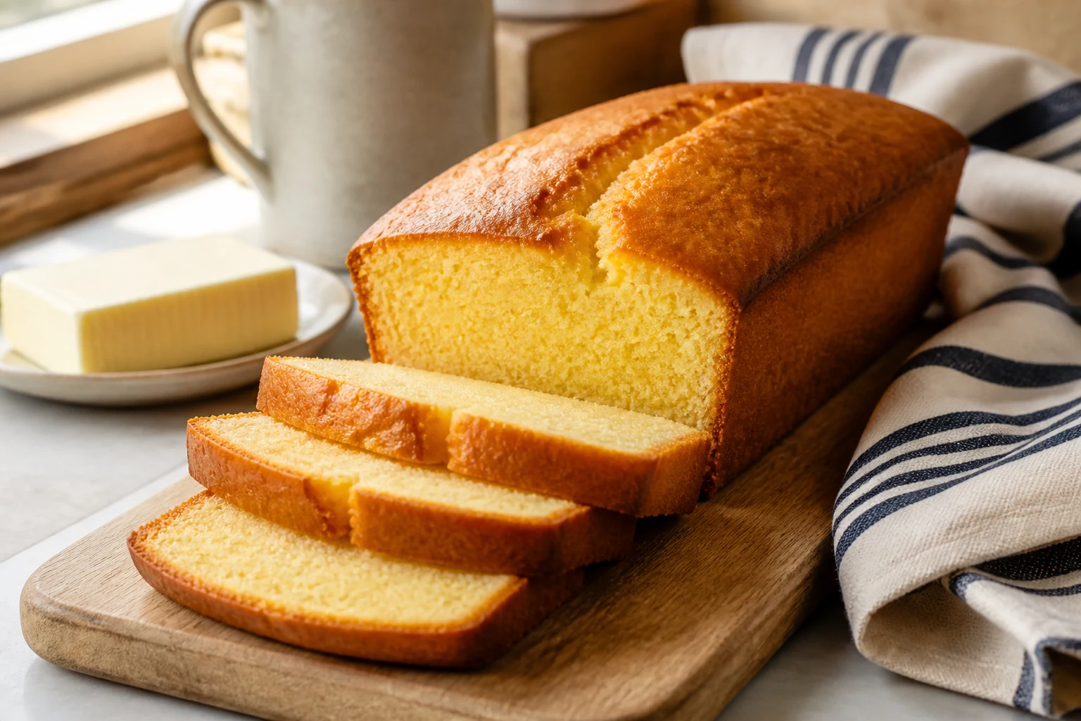 Quatre-quarts breton doré et tranché posé sur un torchon breton avec une plaquette de beurre