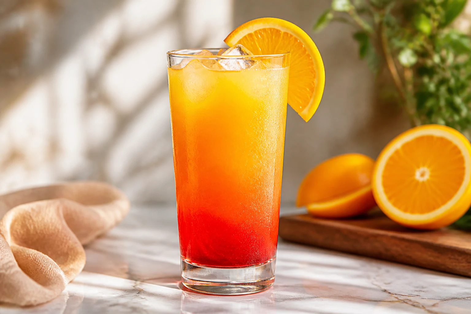 Tequila sunrise au dégradé orange-rouge avec une rondelle d'orange