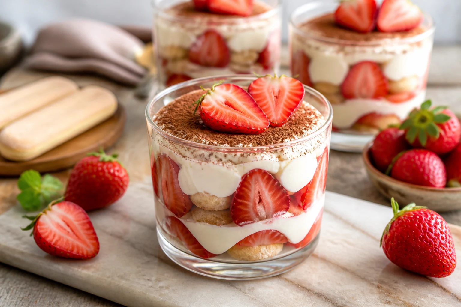 Verrine de tiramisu aux fraises avec couches de mascarpone et fraises fraîches