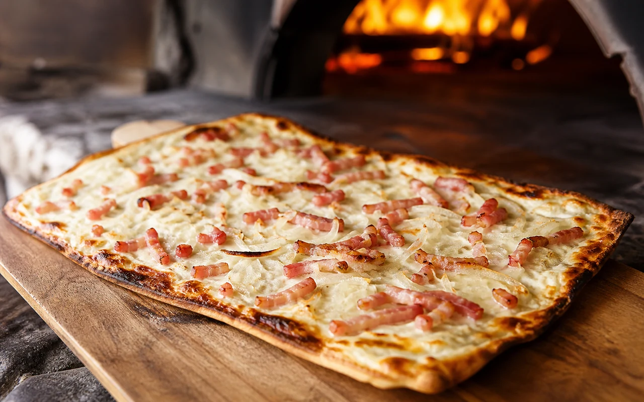 Tarte flambée alsacienne authentique (flammekueche) : pâte fine, crème, oignons et lardons