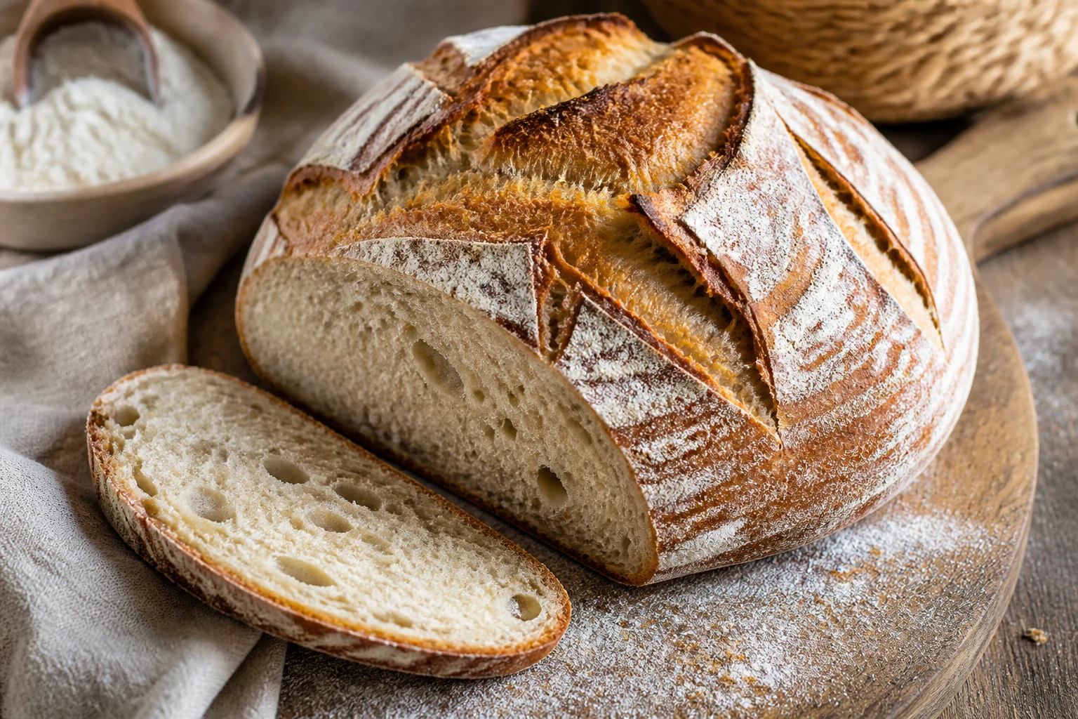 Miche de pain au levain maison à la croûte dorée et grignée, farine sur le plan de travail