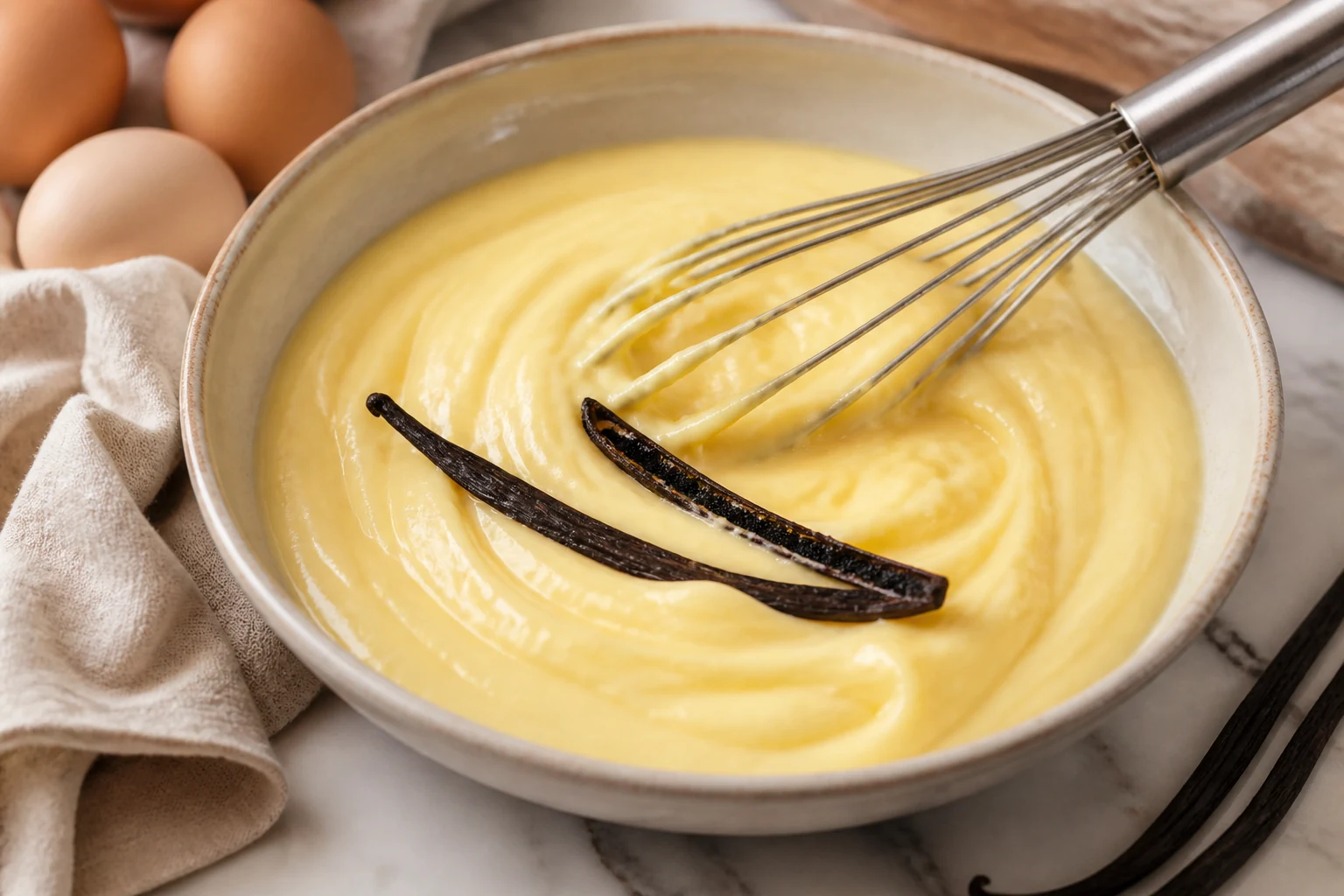 Crème pâtissière onctueuse dans un bol avec un fouet et une gousse de vanille, crème de base réussie
