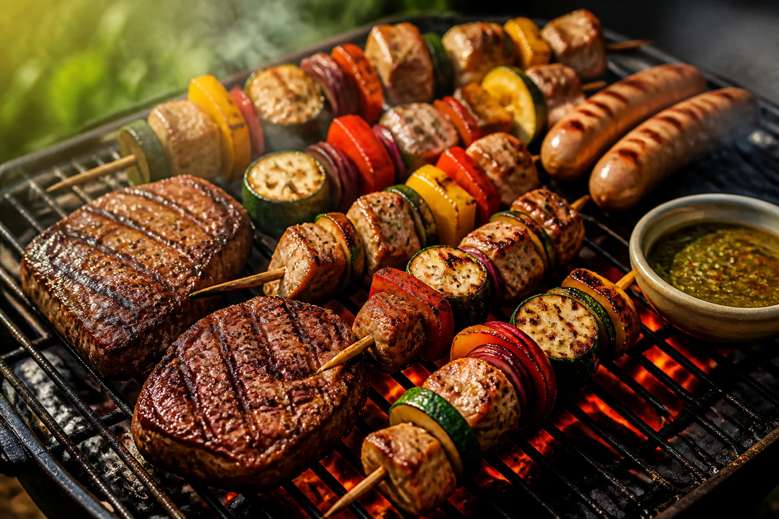 Grillades et brochettes sur un barbecue avec braises pour réussir un barbecue