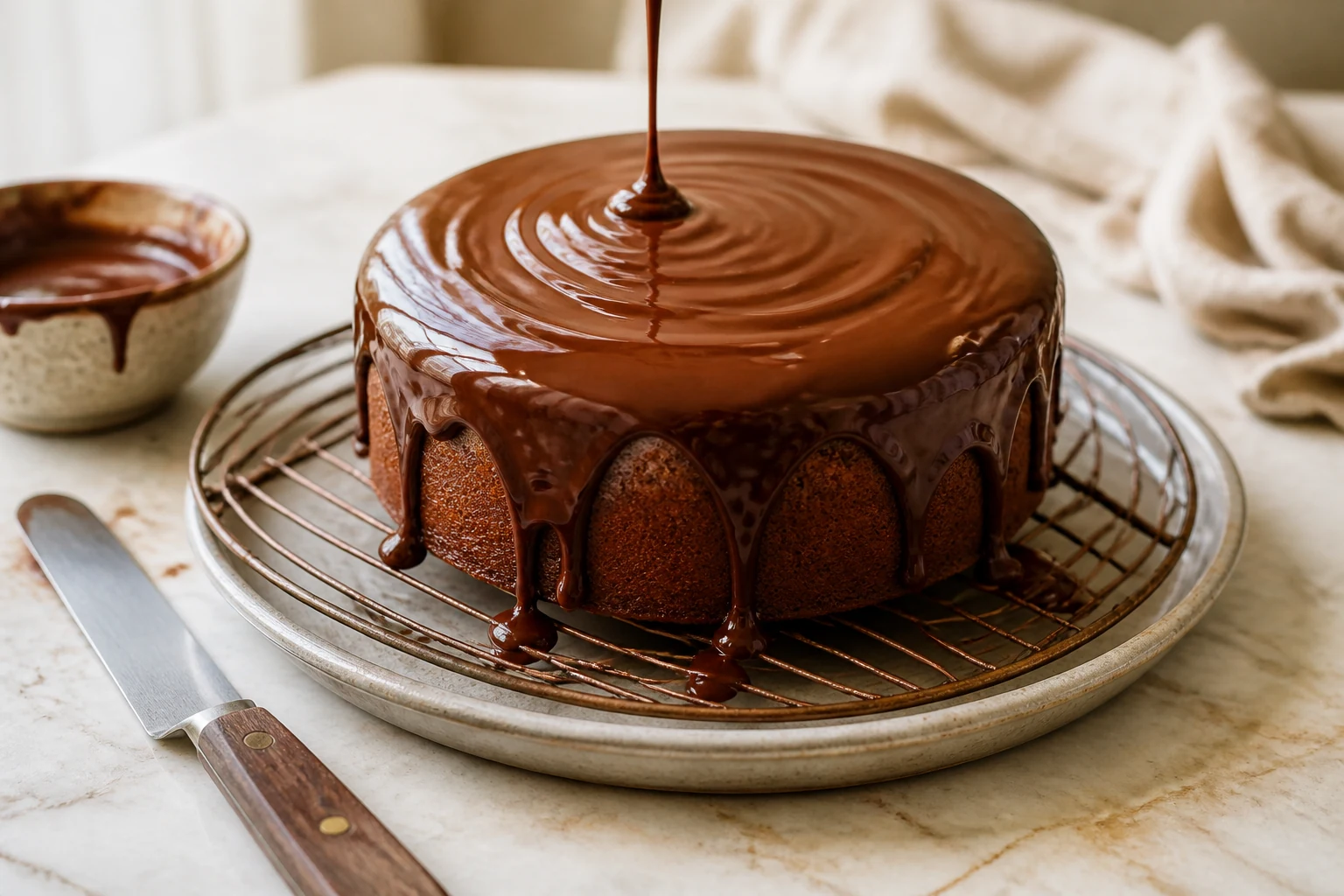 Glaçage brillant qui coule sur un gâteau à la spatule pour un glaçage réussi
