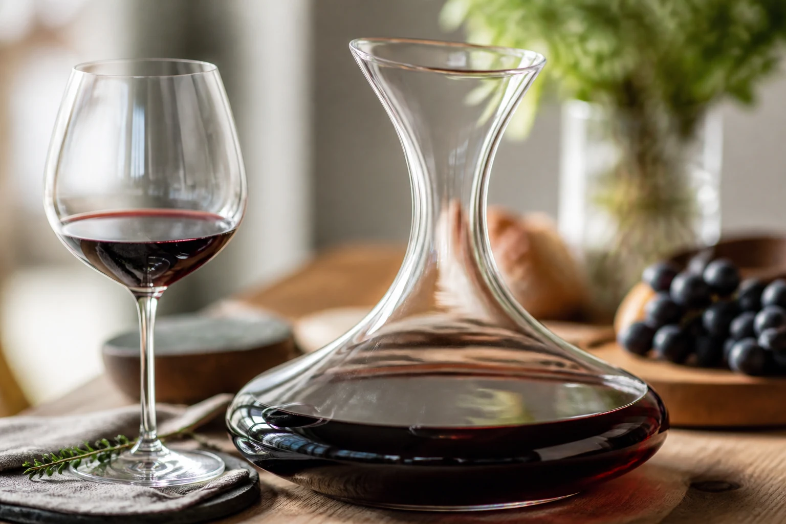 Carafe à décanter et verre de vin rouge lors d'un service du vin élégant