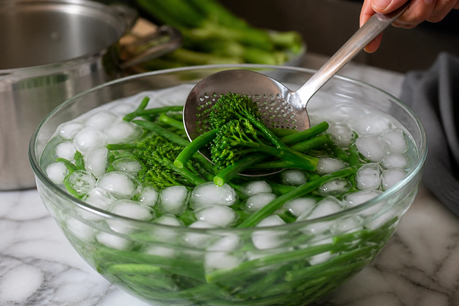 Rafraîchir les légumes dans l'eau glacée