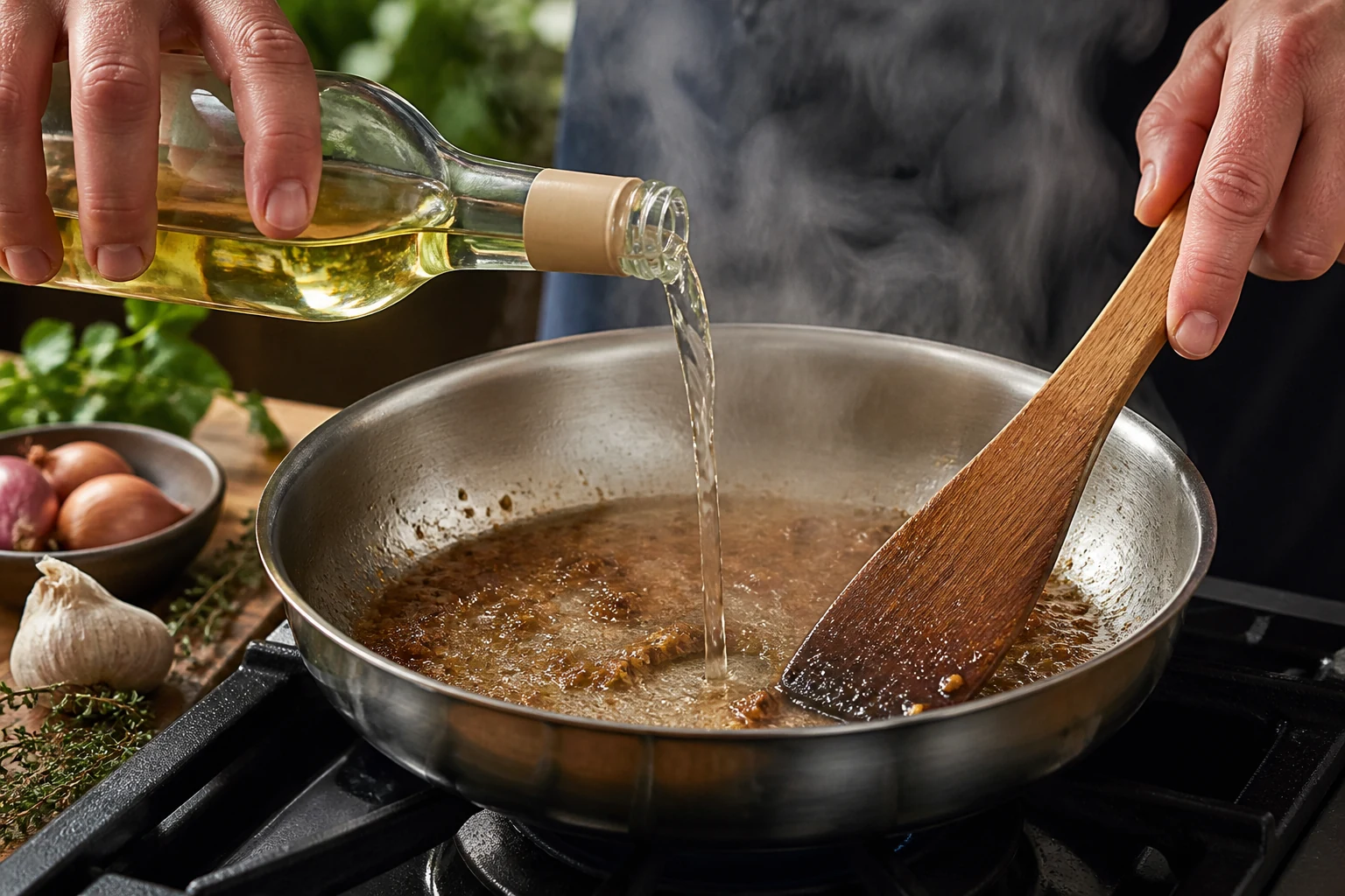 Déglacer les sucs au vin en grattant