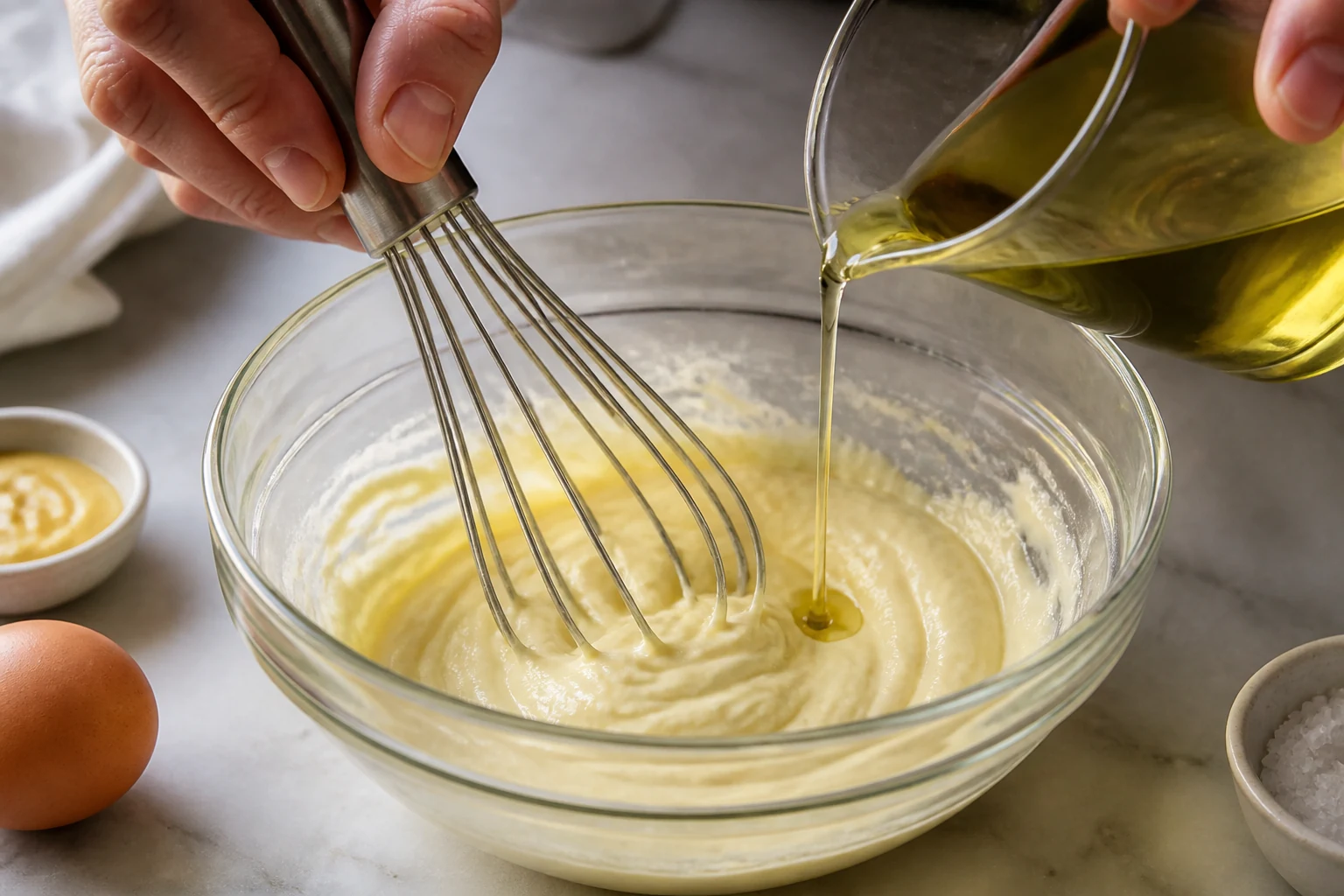 Monter la mayonnaise en versant l'huile en filet