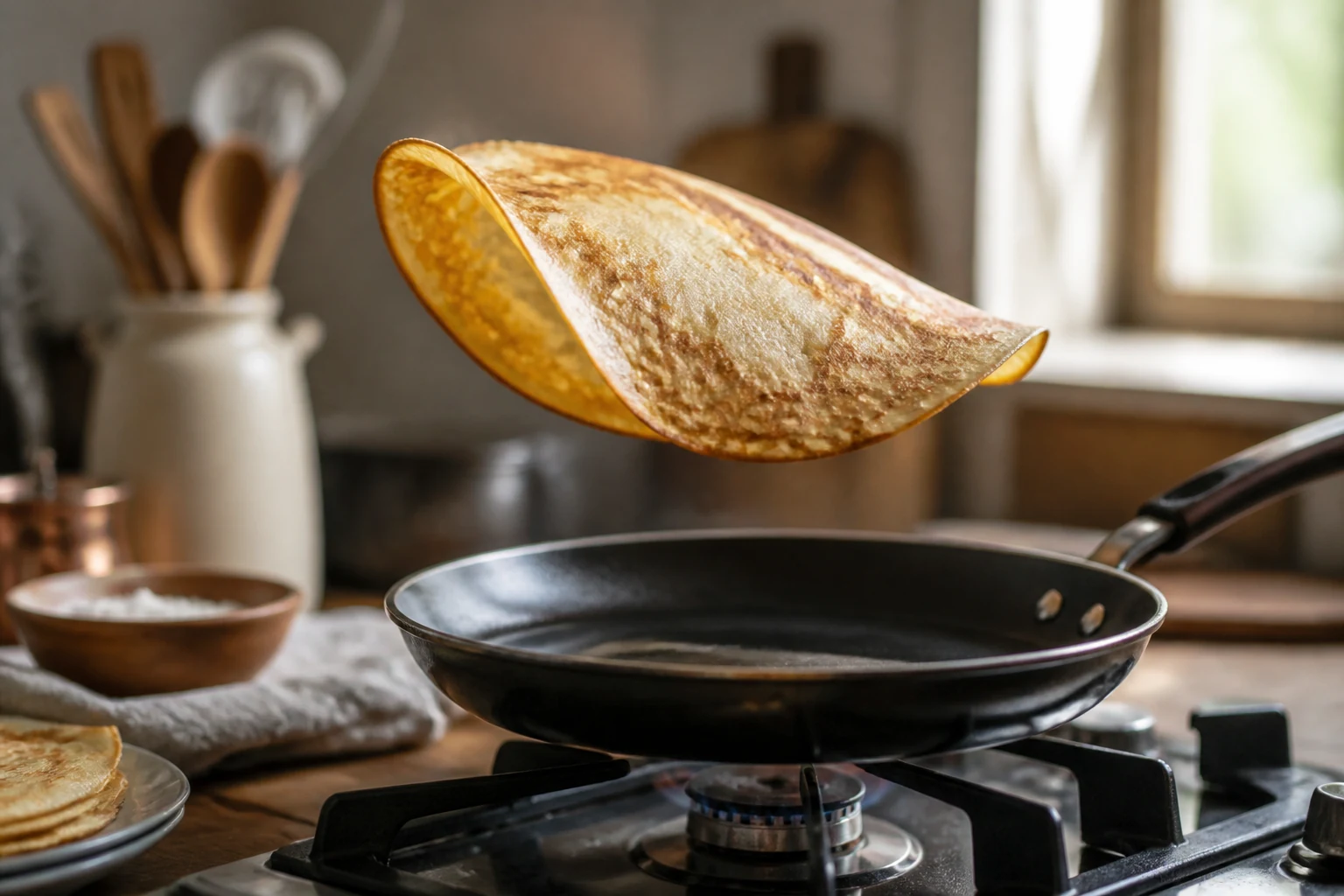 Cuire et retourner la crêpe dans la poêle