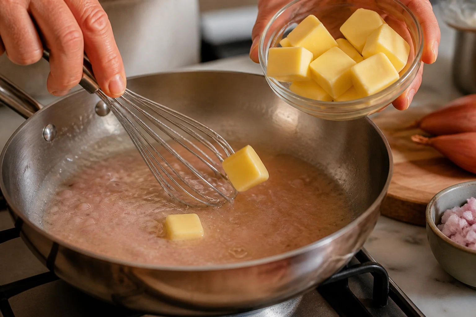 Monter le beurre blanc au fouet avec le beurre froid