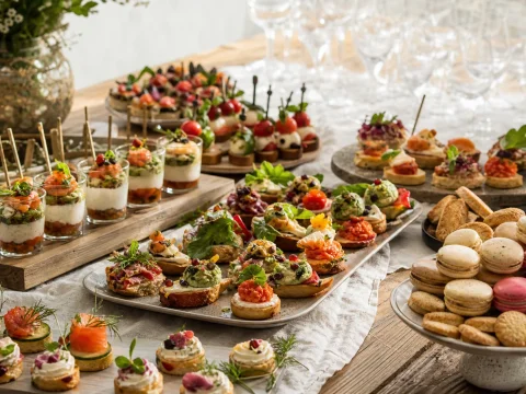 Plateau d'apéritif dînatoire garni de petites bouchées colorées, préparé par un traiteur près d'Arras