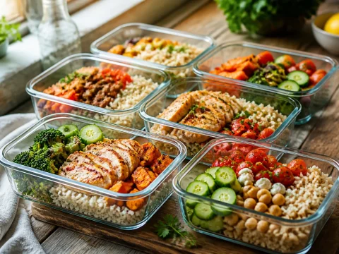 Boîtes repas de batch cooking préparées et alignées avec des légumes frais pour le meal prep de la semaine
