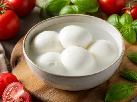 Boules de mozzarella fraiche à choisir et cuisiner dans leur eau, tomates et basilic autour