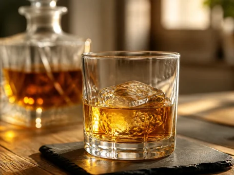 Verre à whisky ambré avec un glaçon pour bien déguster le whisky, carafe en arrière-plan