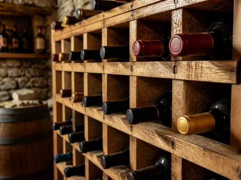 Casier en bois rempli de bouteilles de vin dans une cave, idéal pour débuter sa cave à vin